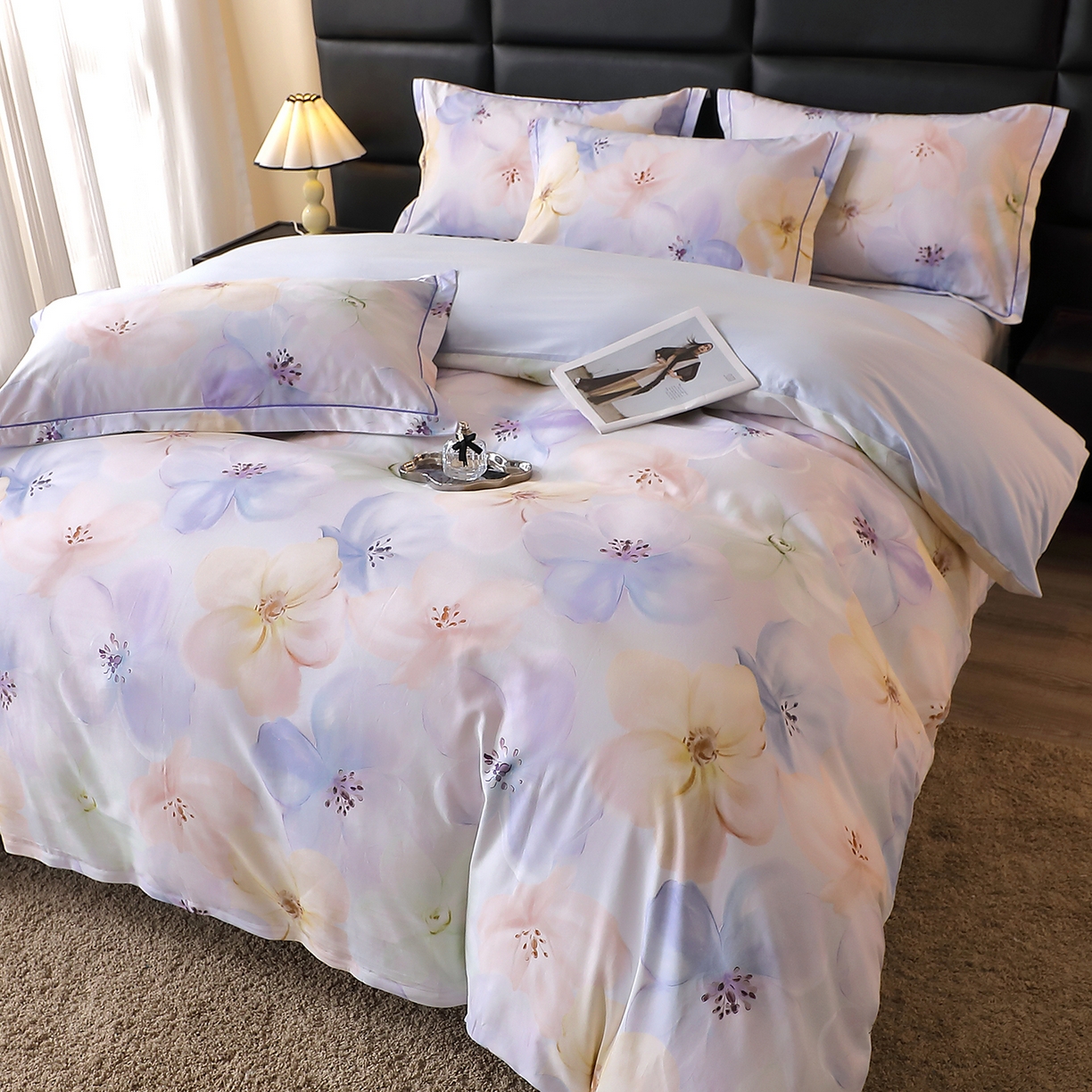 91家纺网 家纺一手货源 找家纺 馨雅家纺 2025新款全棉磨毛数码印花四件套 若欢-紫