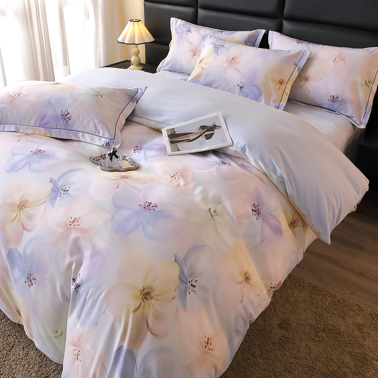 91家纺网 家纺一手货源 找家纺 馨雅家纺 2025新款全棉磨毛数码印花四件套 若欢-紫