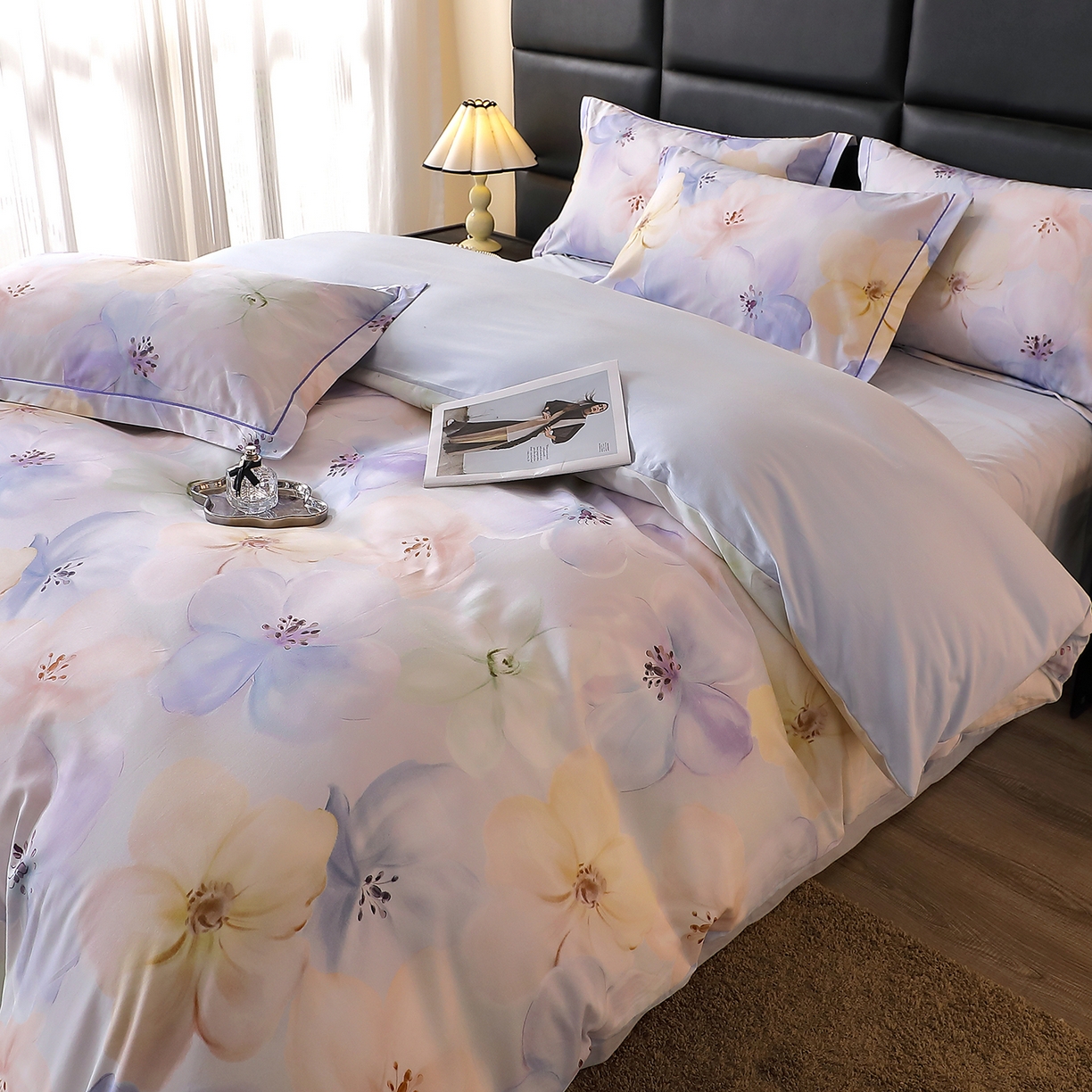 91家纺网 家纺一手货源 找家纺 馨雅家纺 2025新款全棉磨毛数码印花四件套 若欢-紫