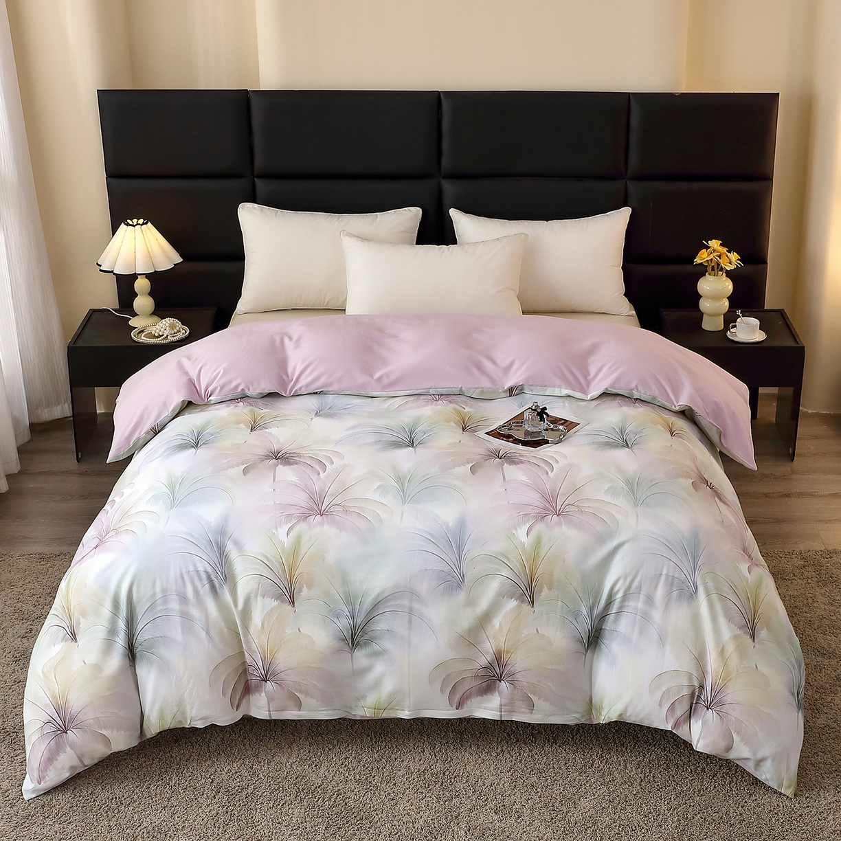 91家纺网 家纺一手货源 找家纺 馨雅家纺 2025新款全棉磨毛数码印花单品被套 夏有乔木-粉