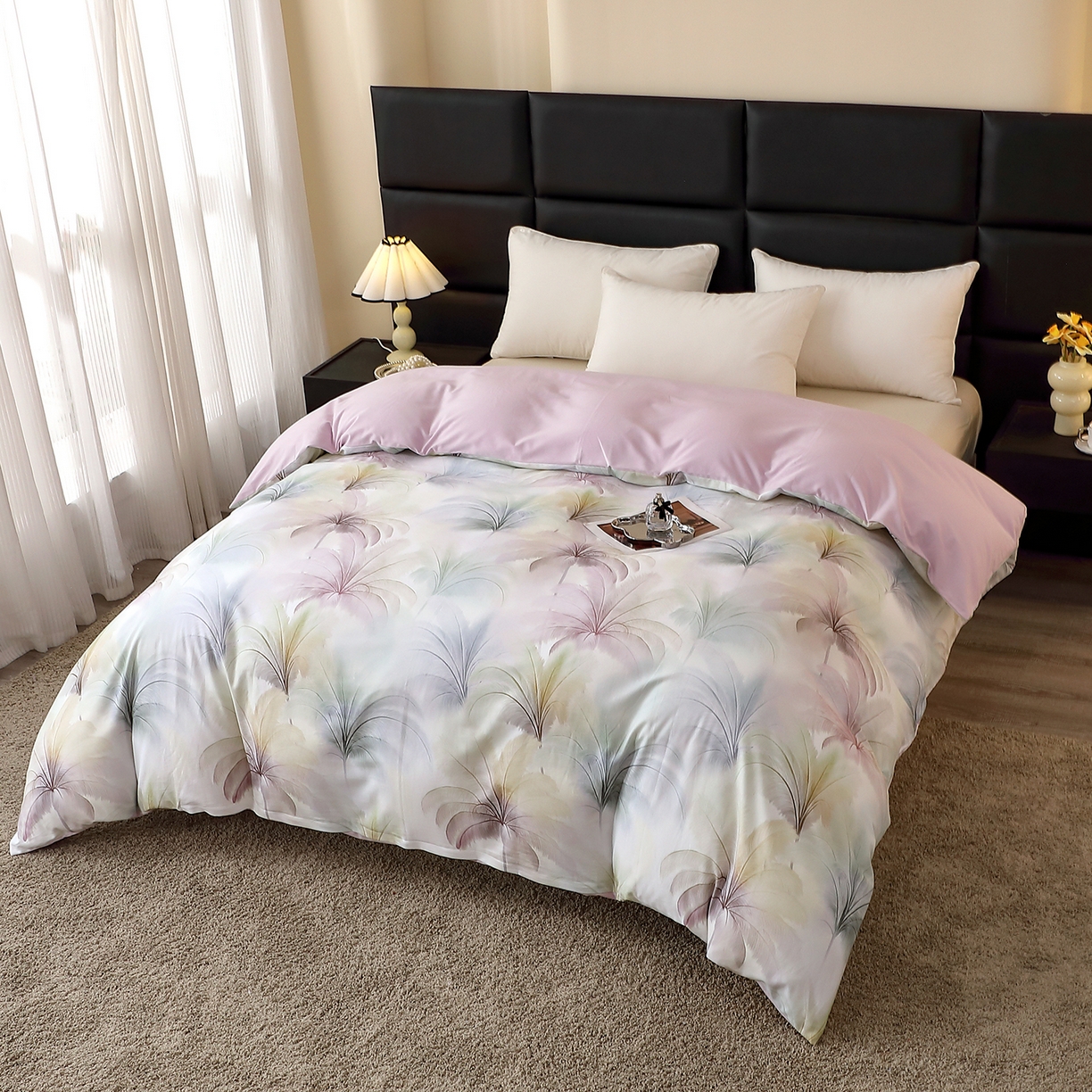 91家纺网 家纺一手货源 找家纺 馨雅家纺 2025新款全棉磨毛数码印花单品被套 夏有乔木-粉