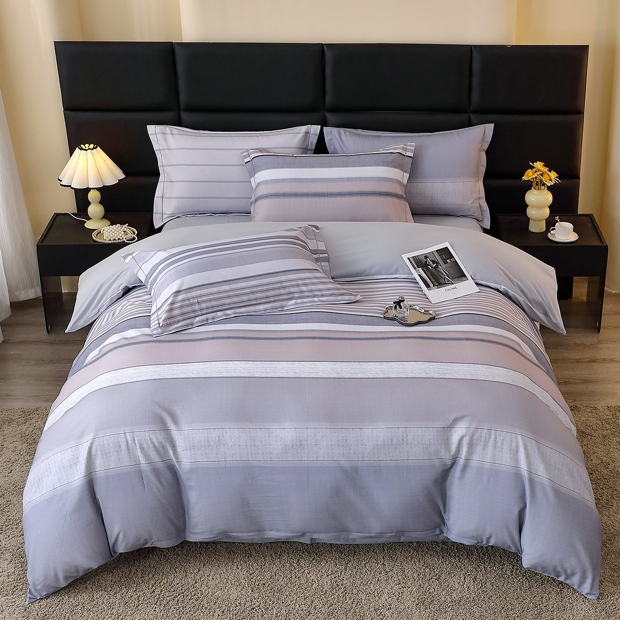 91家纺网 家纺一手货源 找家纺 馨雅家纺 2025新款全棉磨毛数码印花四件套 维斯塔-灰