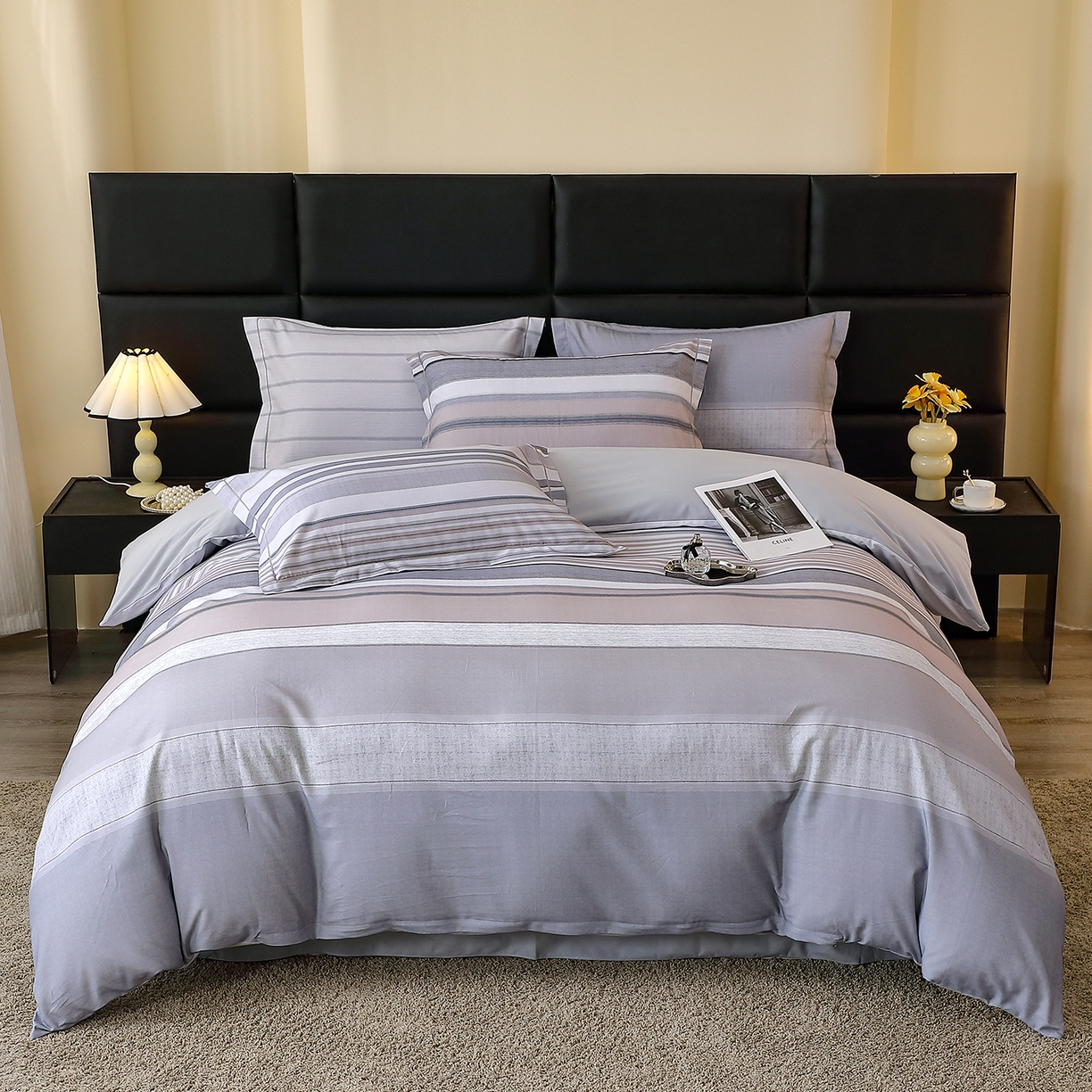 91家纺网 家纺一手货源 找家纺 馨雅家纺 2025新款全棉磨毛数码印花四件套 维斯塔-灰