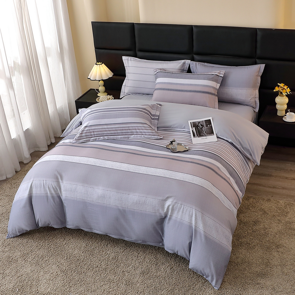 91家纺网 家纺一手货源 找家纺 馨雅家纺 2025新款全棉磨毛数码印花四件套 维斯塔-灰