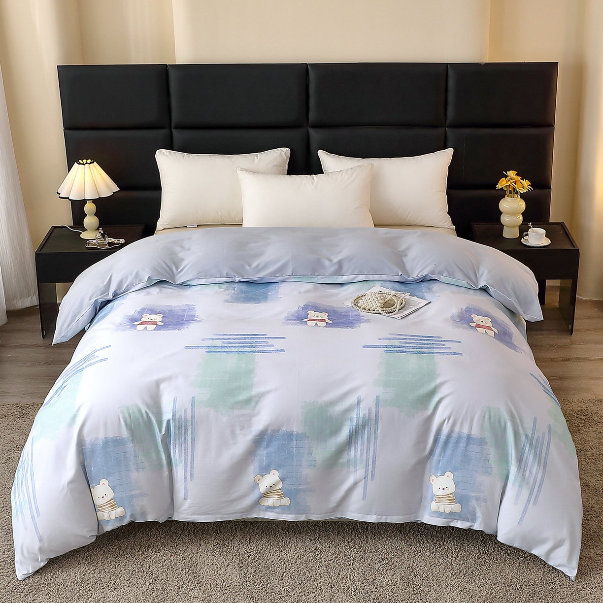 91家纺网 家纺一手货源 找家纺 馨雅家纺 2025新款全棉磨毛数码印花单品被套 小可布丁-灰