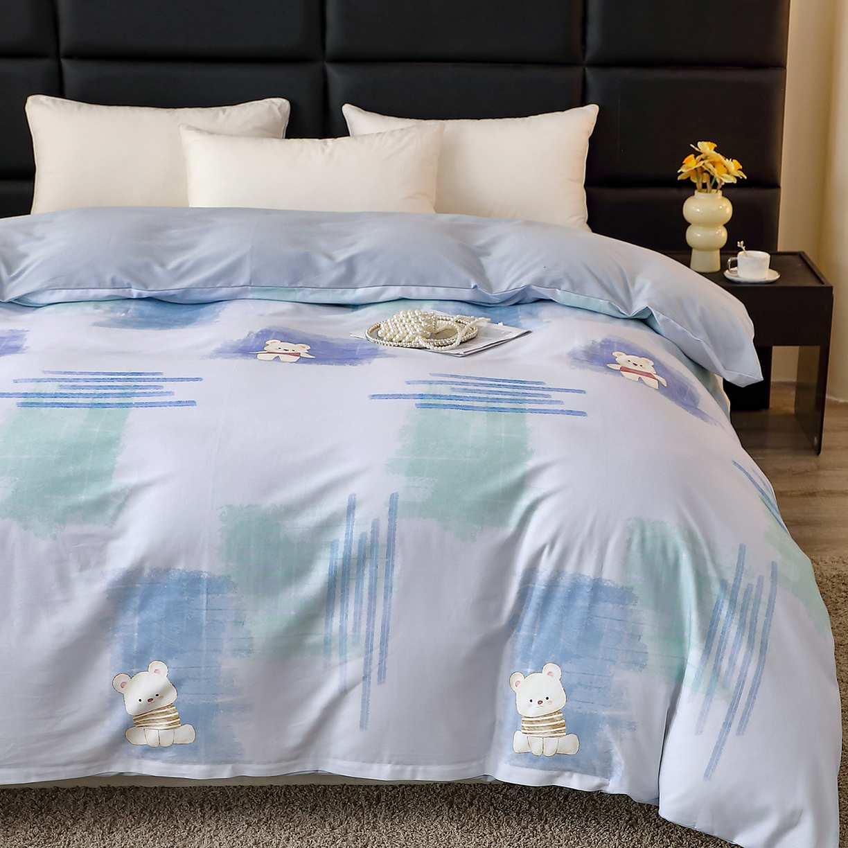 91家纺网 家纺一手货源 找家纺 馨雅家纺 2025新款全棉磨毛数码印花单品被套 小可布丁-灰