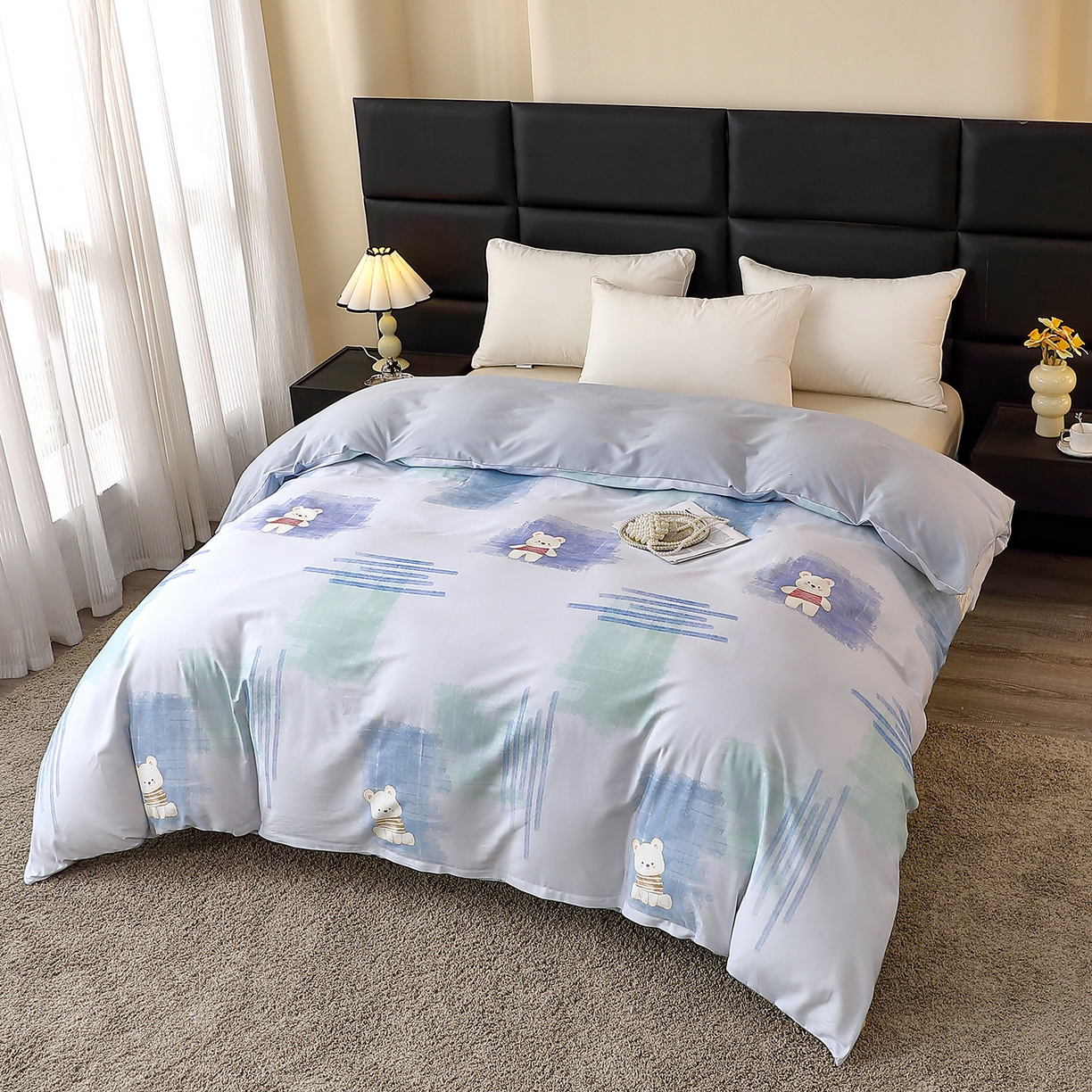 91家纺网 家纺一手货源 找家纺 馨雅家纺 2025新款全棉磨毛数码印花单品被套 小可布丁-灰