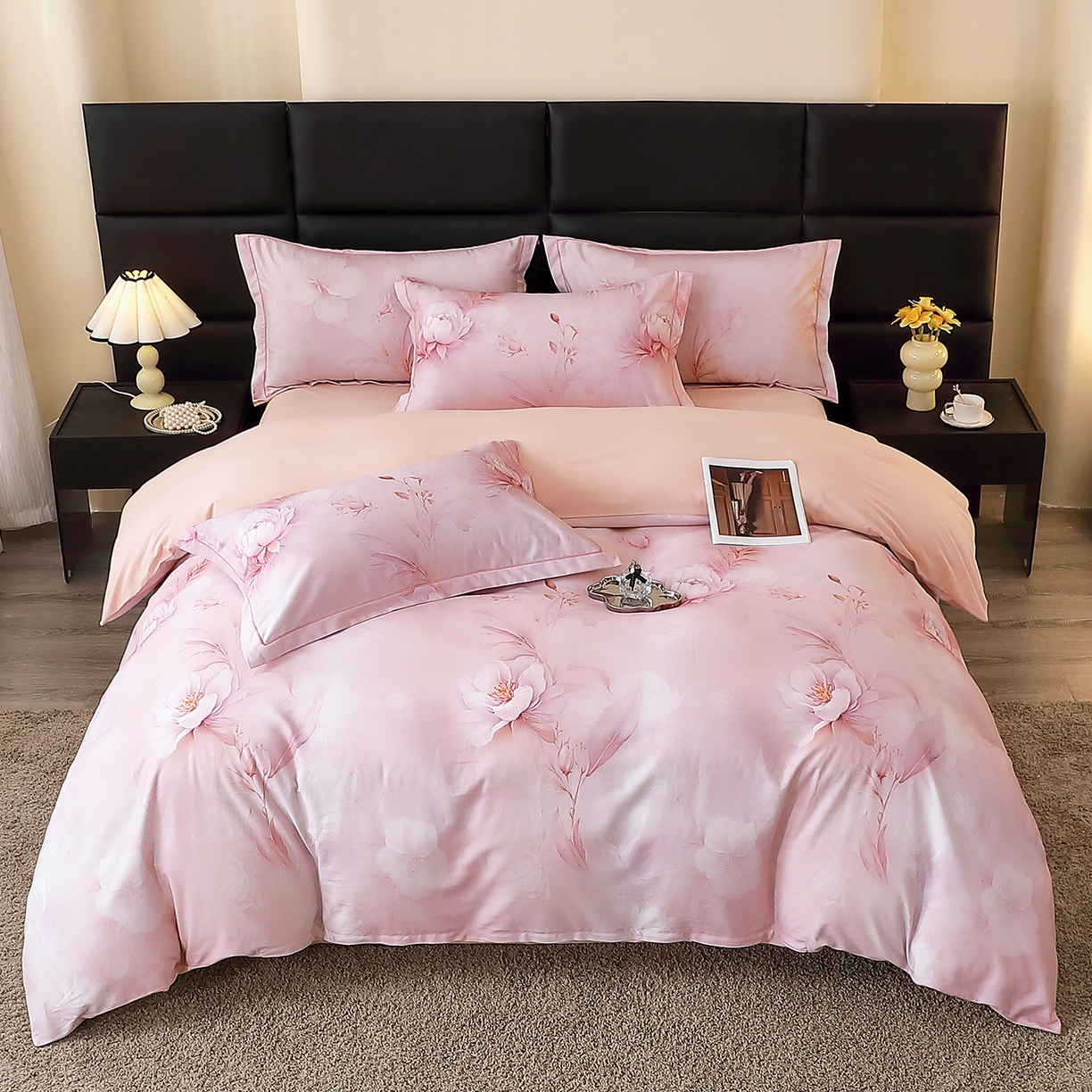 91家纺网 家纺一手货源 找家纺 馨雅家纺 2025新款全棉磨毛数码印花四件套 禧棠-粉