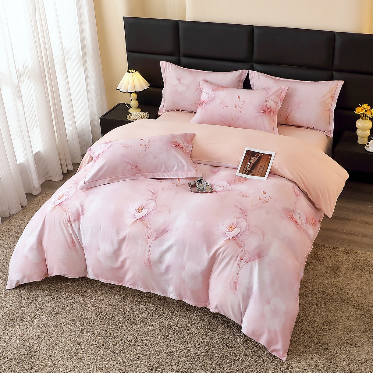 91家纺网 家纺一手货源 找家纺 馨雅家纺 2025新款全棉磨毛数码印花四件套 禧棠-粉