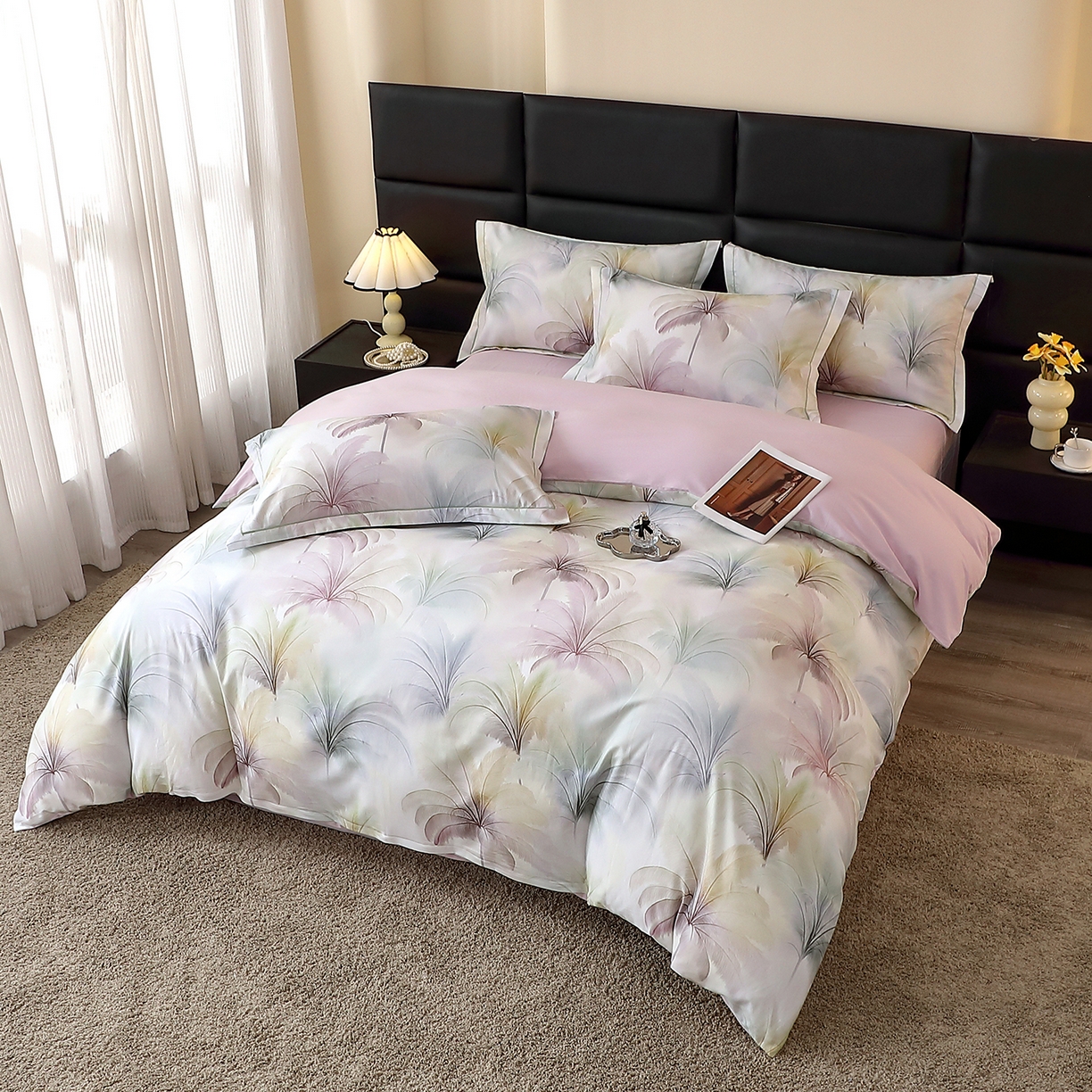 91家纺网 家纺一手货源 找家纺 馨雅家纺 2025新款全棉磨毛数码印花四件套 夏有乔木-粉