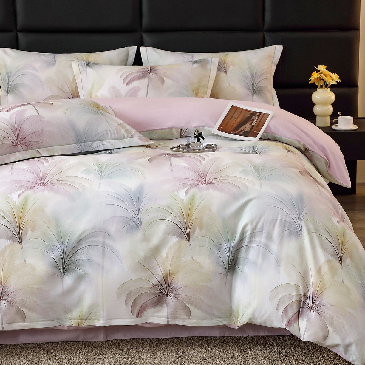 91家纺网 家纺一手货源 找家纺 馨雅家纺 2025新款全棉磨毛数码印花四件套 夏有乔木-粉