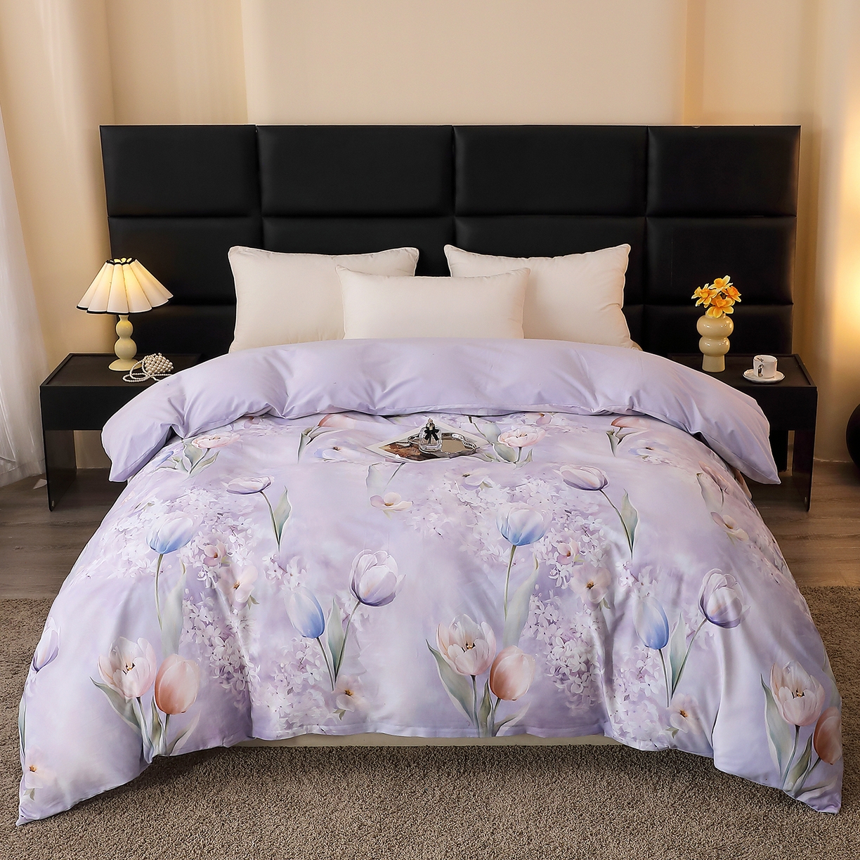 91家纺网 家纺一手货源 找家纺 馨雅家纺 2025新款全棉磨毛数码印花单品被套 郁花町-紫