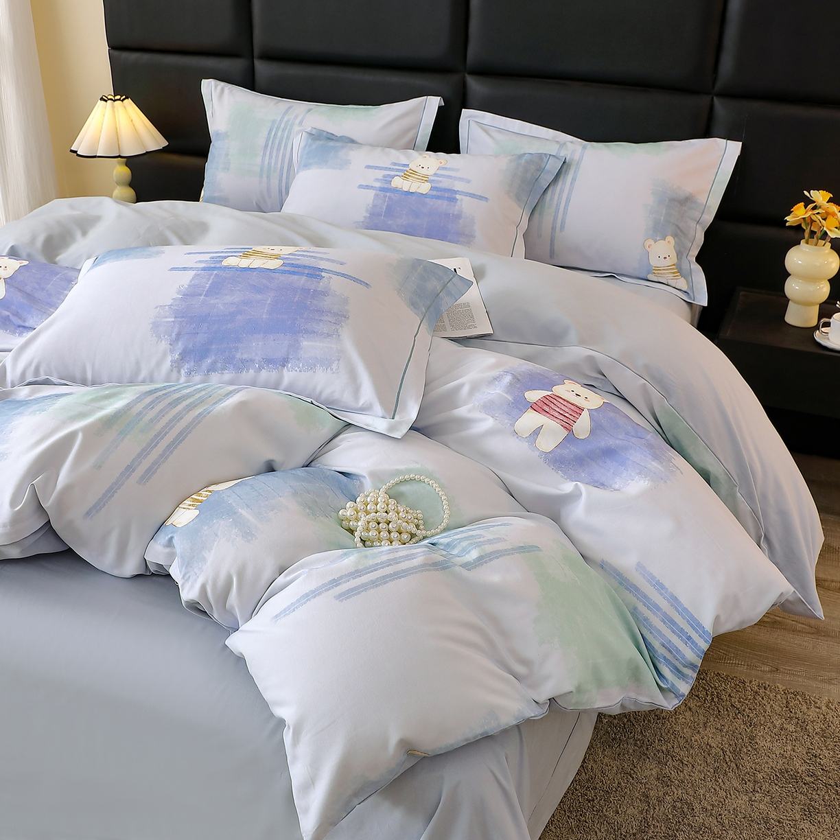 馨雅家纺 2025新款全棉磨毛数码印花四件套 小可布丁-灰