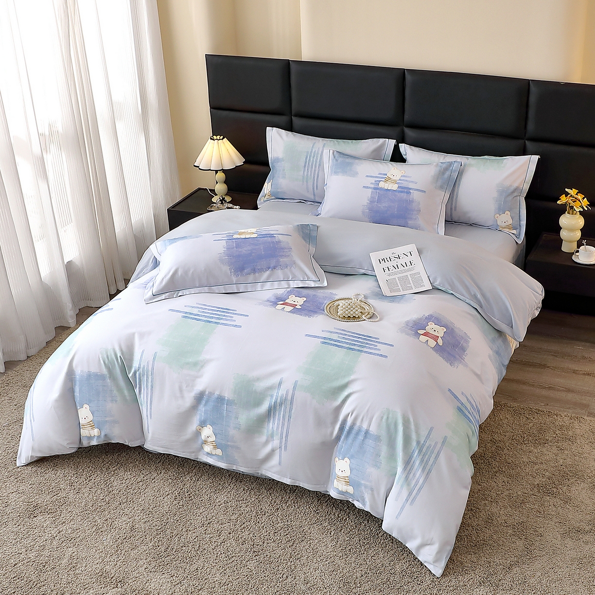 91家纺网 家纺一手货源 找家纺 馨雅家纺 2025新款全棉磨毛数码印花四件套 小可布丁-灰