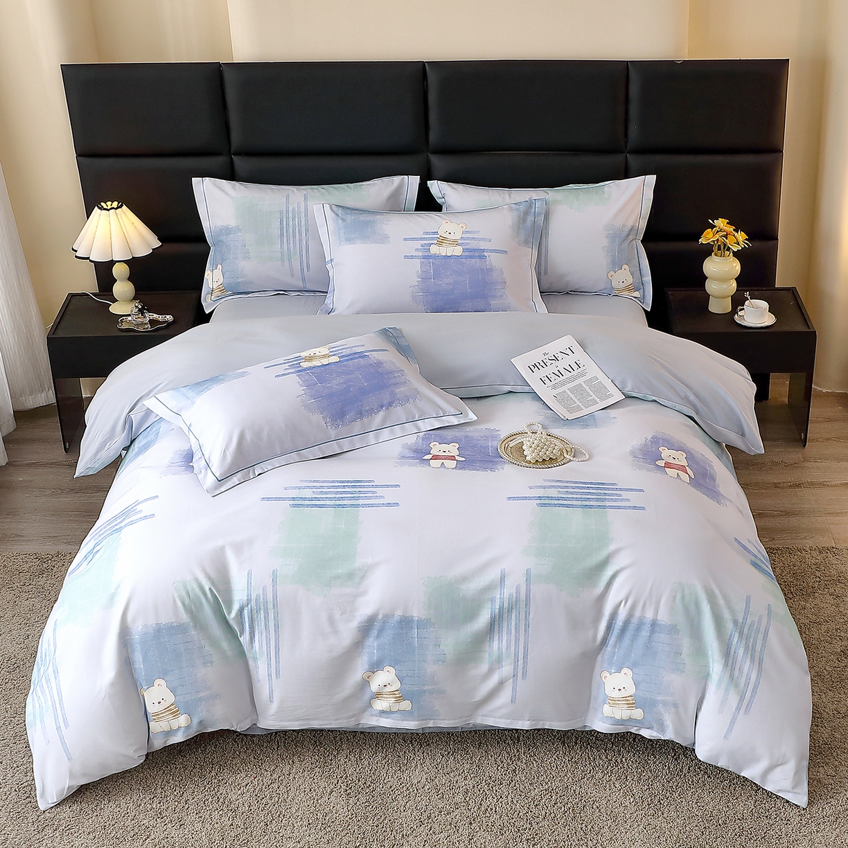 91家纺网 家纺一手货源 找家纺 馨雅家纺 2025新款全棉磨毛数码印花四件套 小可布丁-灰