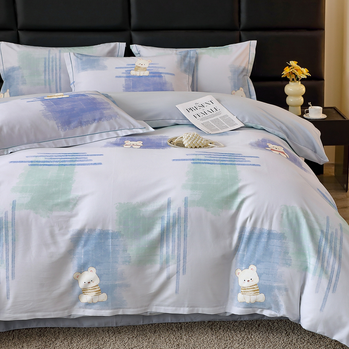 91家纺网 家纺一手货源 找家纺 馨雅家纺 2025新款全棉磨毛数码印花四件套 小可布丁-灰