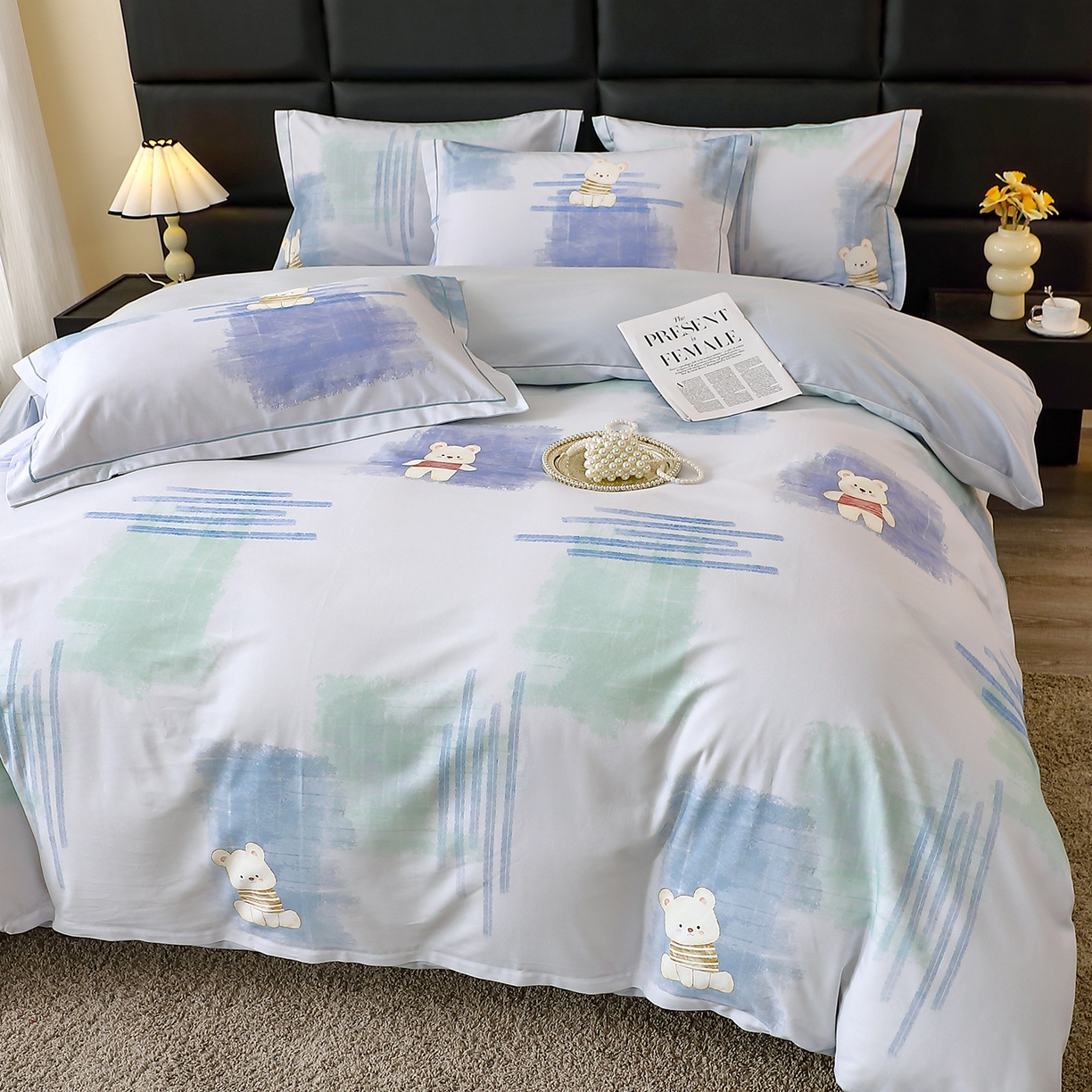 91家纺网 家纺一手货源 找家纺 馨雅家纺 2025新款全棉磨毛数码印花四件套 小可布丁-灰