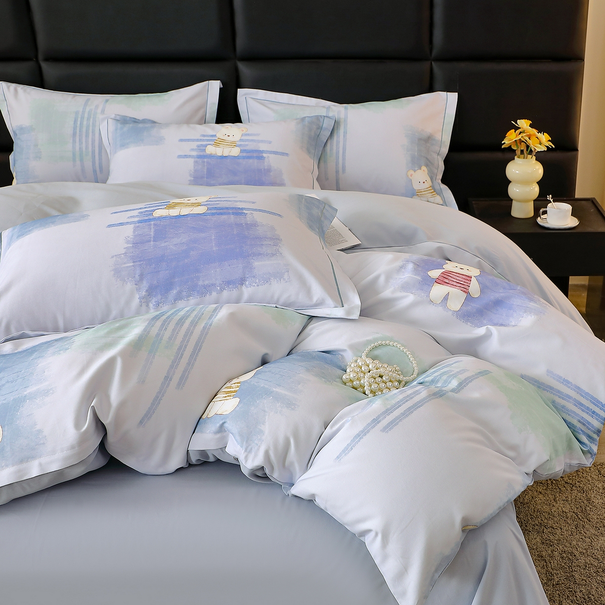 91家纺网 家纺一手货源 找家纺 馨雅家纺 2025新款全棉磨毛数码印花四件套 小可布丁-灰