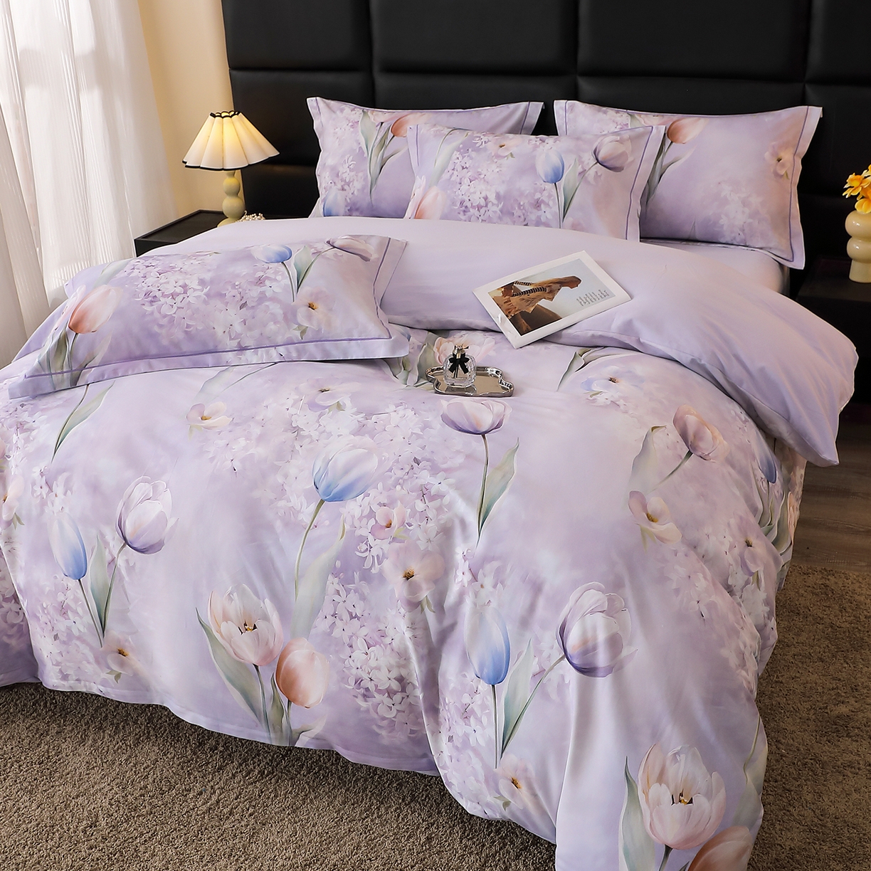 91家纺网 家纺一手货源 找家纺 馨雅家纺 2025新款全棉磨毛数码印花四件套 郁花町-紫