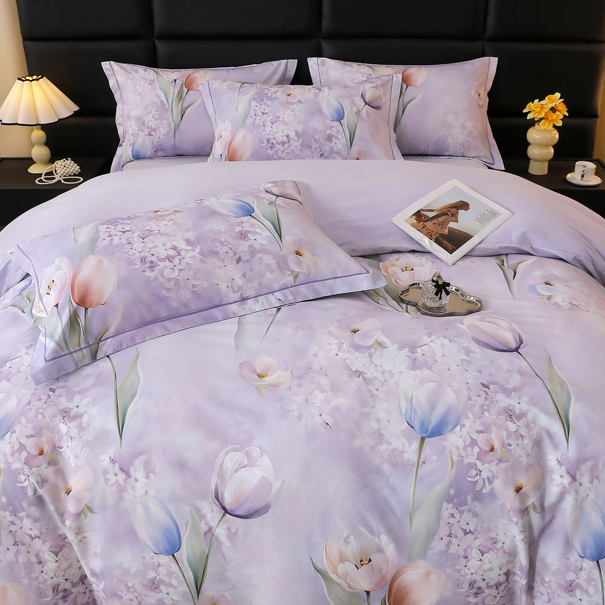 91家纺网 家纺一手货源 找家纺 馨雅家纺 2025新款全棉磨毛数码印花四件套 郁花町-紫