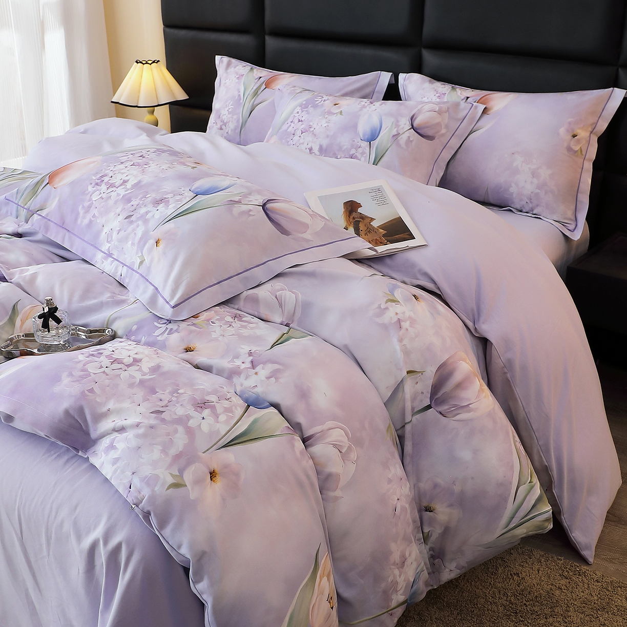 91家纺网 家纺一手货源 找家纺 馨雅家纺 2025新款全棉磨毛数码印花四件套 郁花町-紫