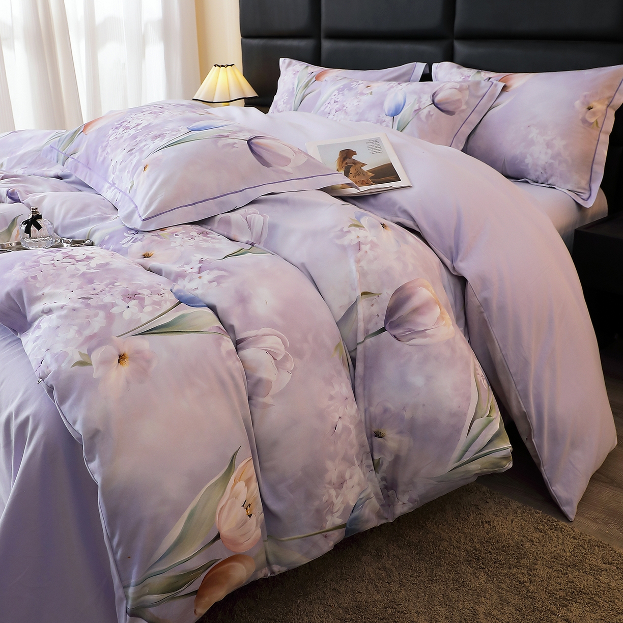 91家纺网 家纺一手货源 找家纺 馨雅家纺 2025新款全棉磨毛数码印花四件套 郁花町-紫