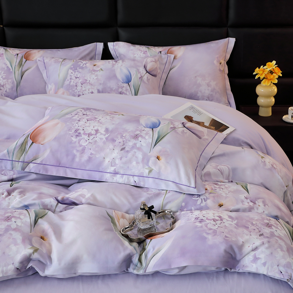 91家纺网 家纺一手货源 找家纺 馨雅家纺 2025新款全棉磨毛数码印花四件套 郁花町-紫