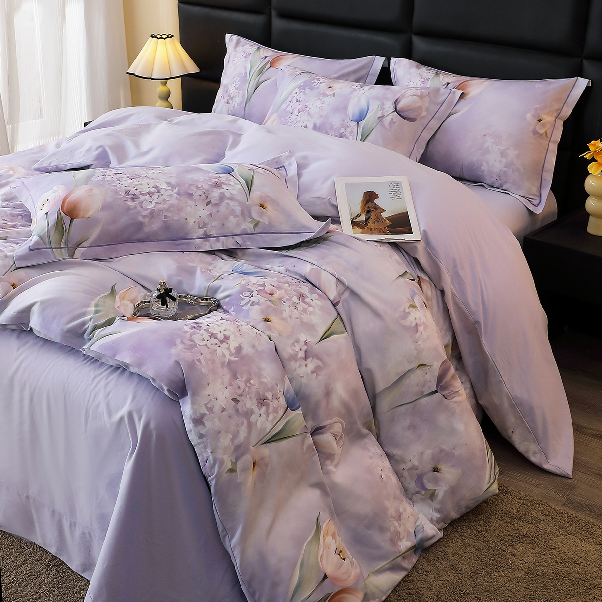 91家纺网 家纺一手货源 找家纺 馨雅家纺 2025新款全棉磨毛数码印花四件套 郁花町-紫