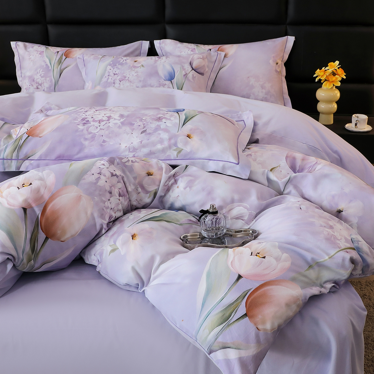 91家纺网 家纺一手货源 找家纺 馨雅家纺 2025新款全棉磨毛数码印花四件套 郁花町-紫