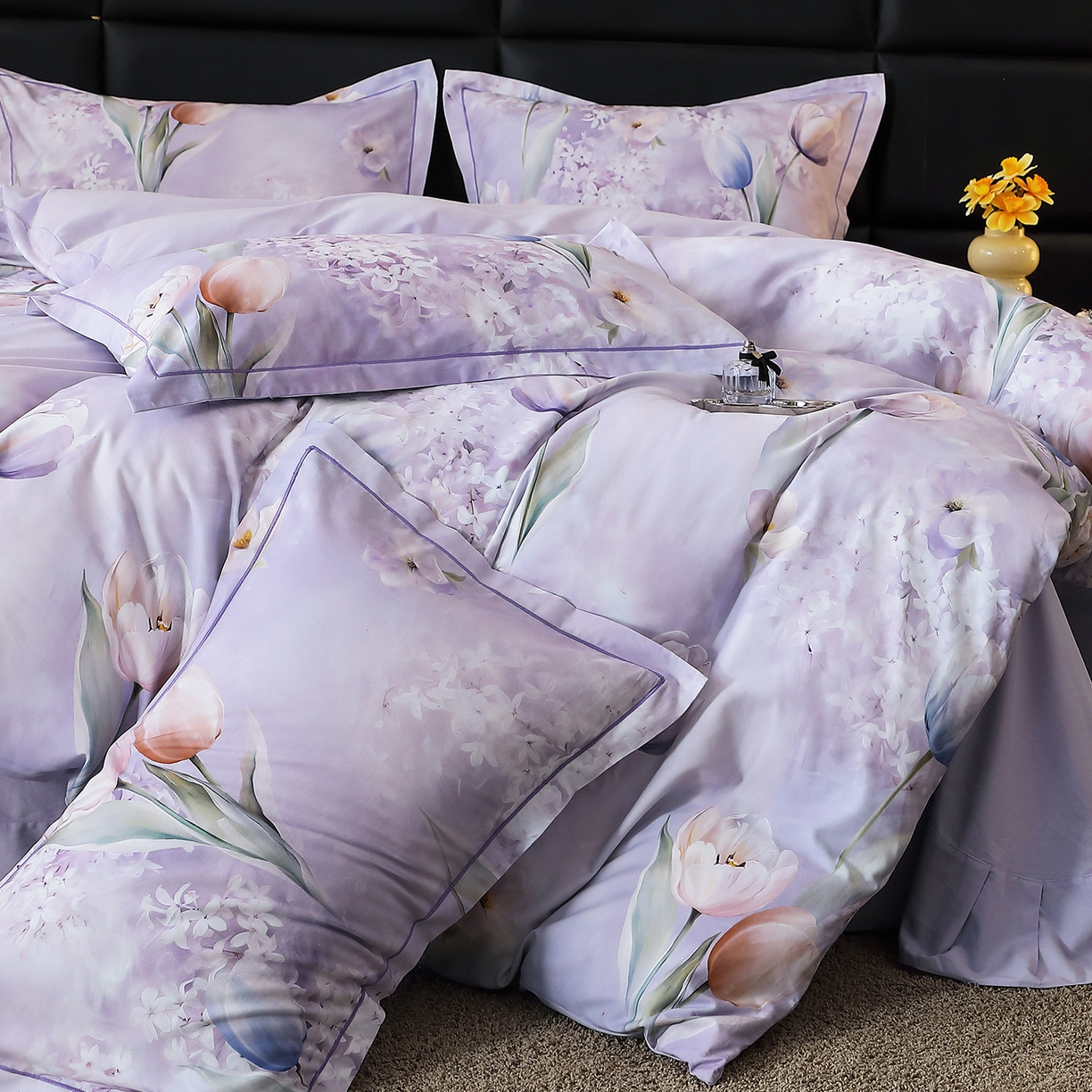 91家纺网 家纺一手货源 找家纺 馨雅家纺 2025新款全棉磨毛数码印花四件套 郁花町-紫