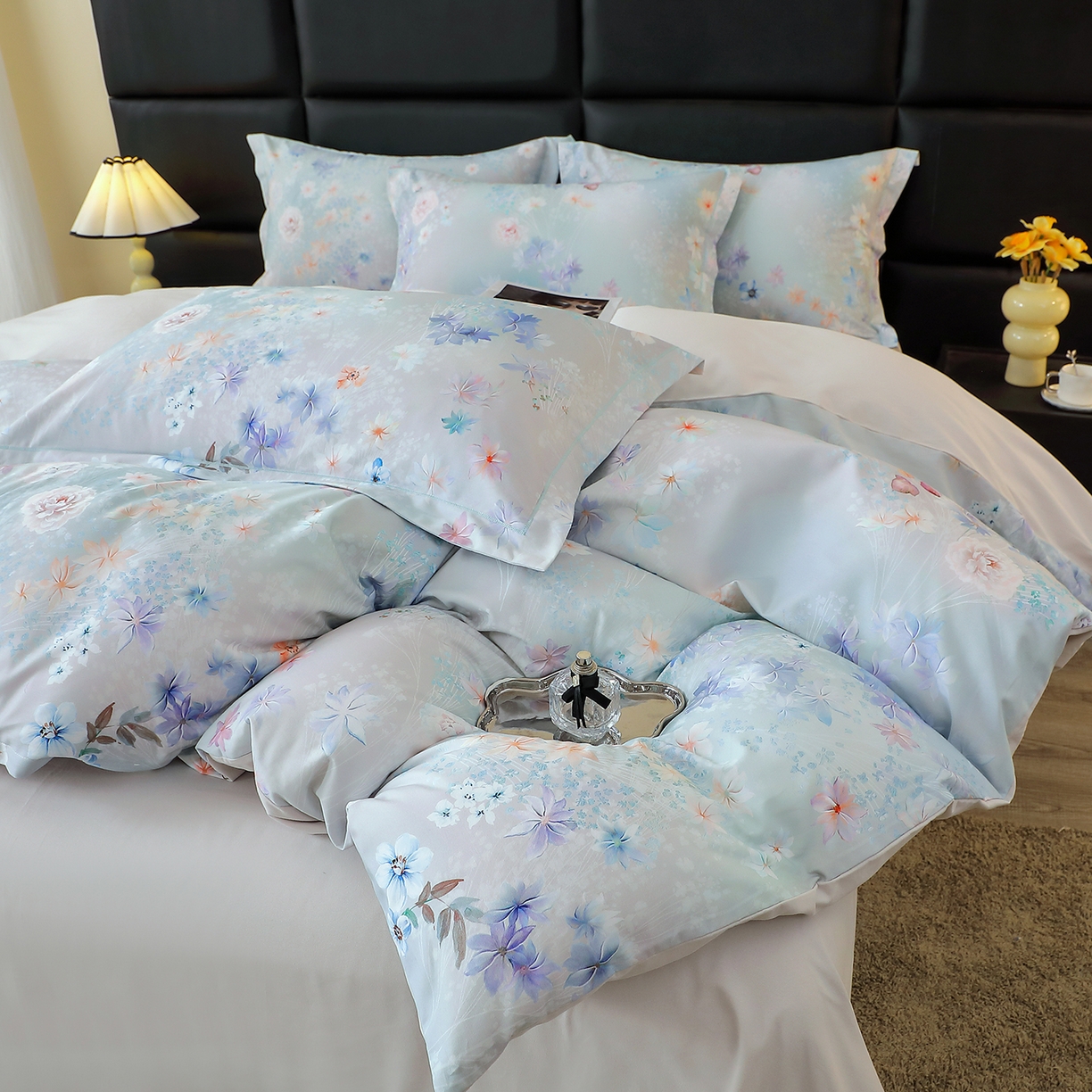 馨雅家纺 2025新款全棉磨毛数码印花四件套 云茉花间-兰