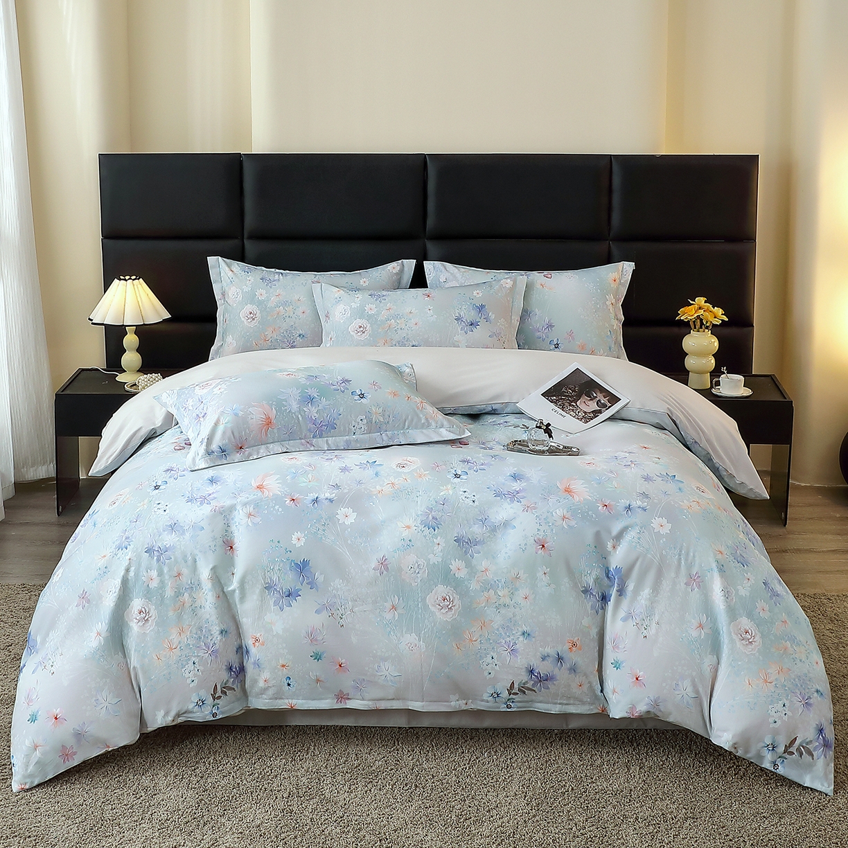 91家纺网 家纺一手货源 找家纺 馨雅家纺 2025新款全棉磨毛数码印花四件套 云茉花间-兰