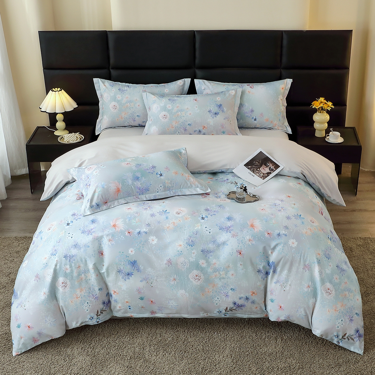 91家纺网 家纺一手货源 找家纺 馨雅家纺 2025新款全棉磨毛数码印花四件套 云茉花间-兰