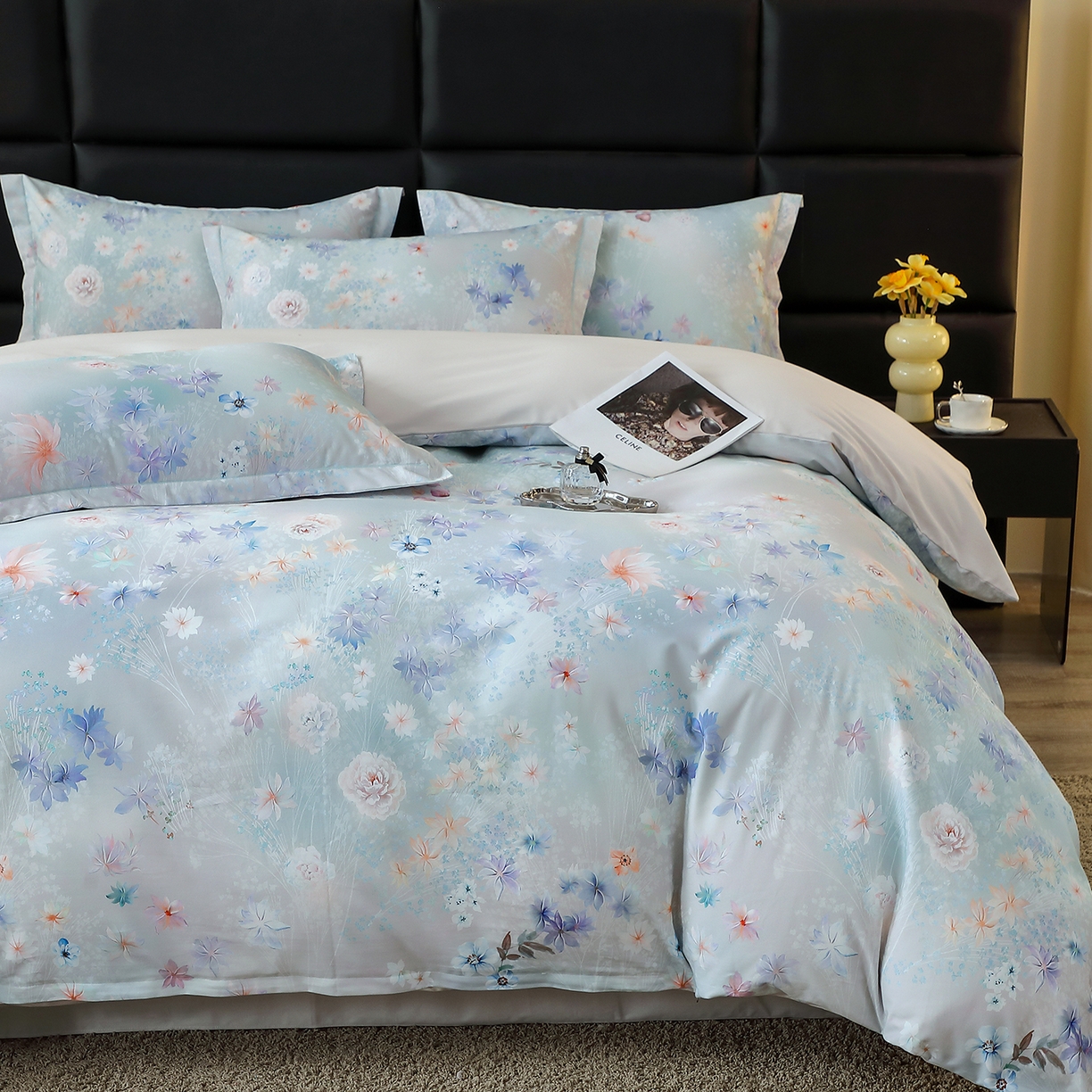 91家纺网 家纺一手货源 找家纺 馨雅家纺 2025新款全棉磨毛数码印花四件套 云茉花间-兰