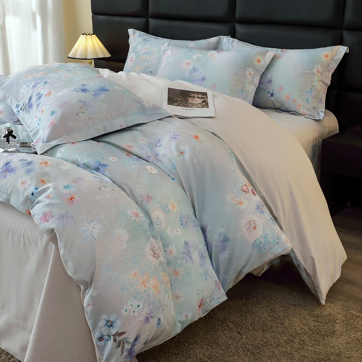 91家纺网 家纺一手货源 找家纺 馨雅家纺 2025新款全棉磨毛数码印花四件套 云茉花间-兰