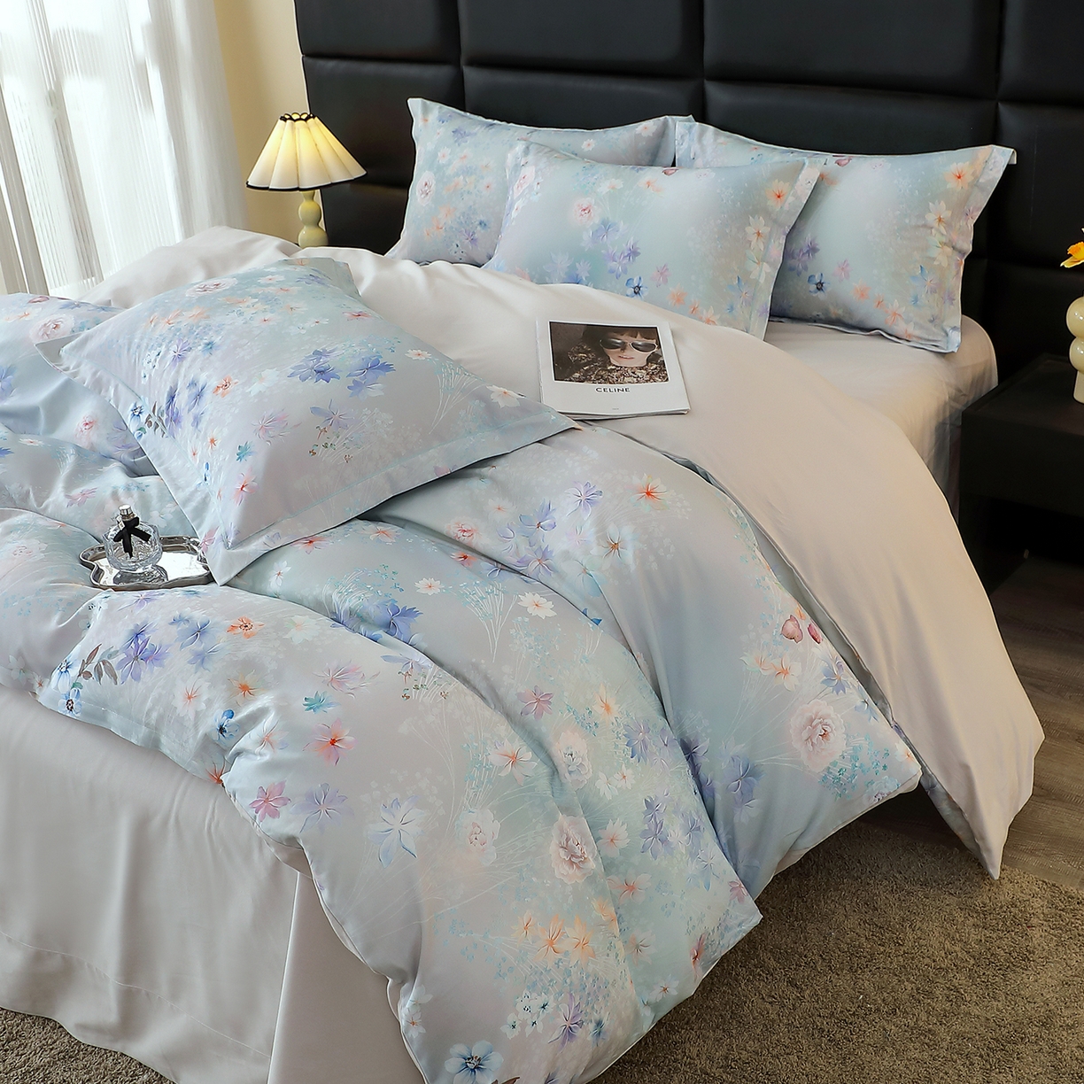 91家纺网 家纺一手货源 找家纺 馨雅家纺 2025新款全棉磨毛数码印花四件套 云茉花间-兰