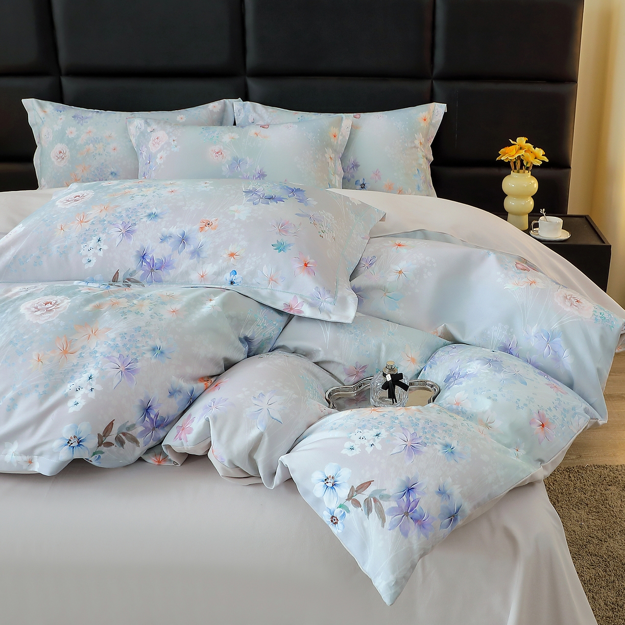 91家纺网 家纺一手货源 找家纺 馨雅家纺 2025新款全棉磨毛数码印花四件套 云茉花间-兰