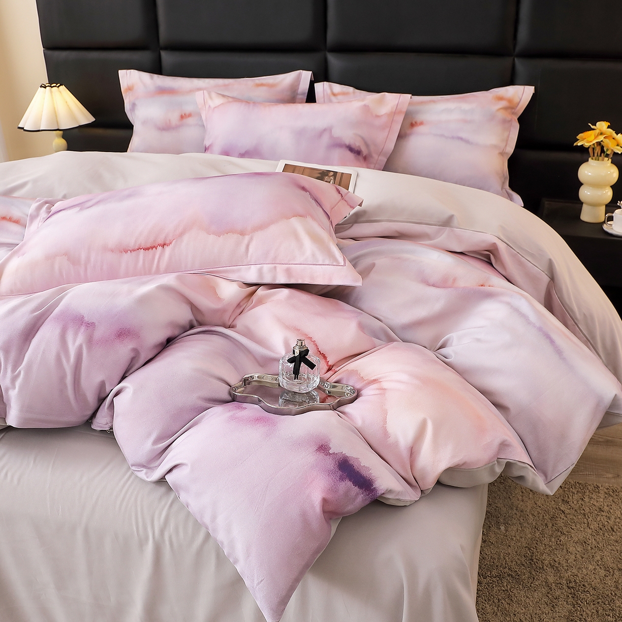 馨雅家纺 2025新款全棉磨毛数码印花四件套 云霞-粉