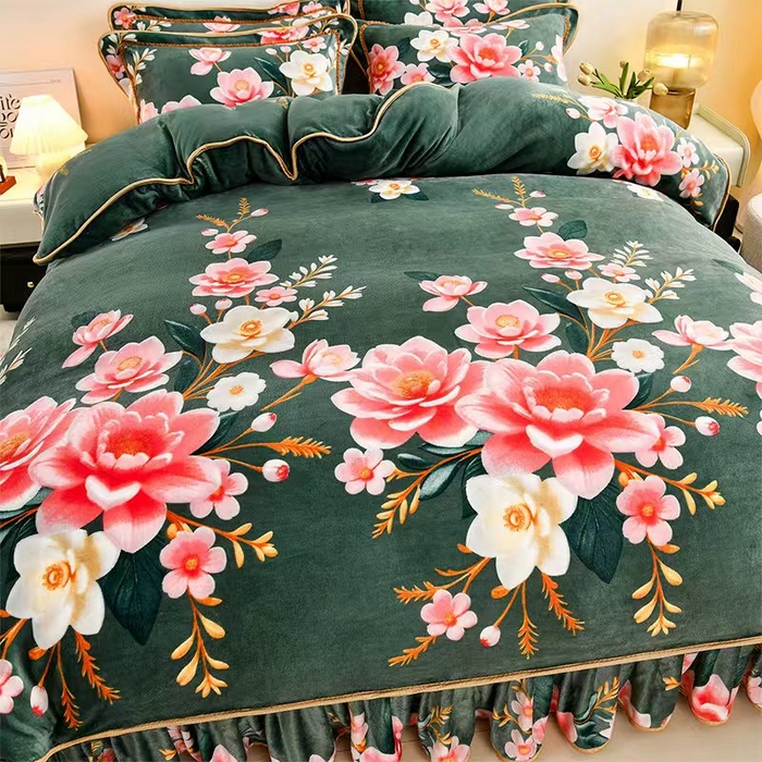 91家纺网 家纺一手货源 找家纺 新8.5-9.5斤法莱绒四件套珊瑚牛奶金貂绒四件套床裙 香风雅韵