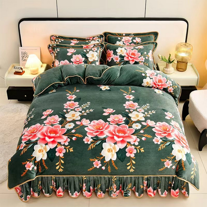 91家纺网 家纺一手货源 找家纺 新8.5-9.5斤法莱绒四件套珊瑚牛奶金貂绒四件套床裙 香风雅韵