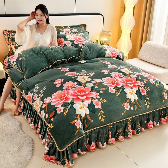 91家纺网 家纺一手货源 找家纺 新8.5-9.5斤法莱绒四件套珊瑚牛奶金貂绒四件套床裙 香风雅韵