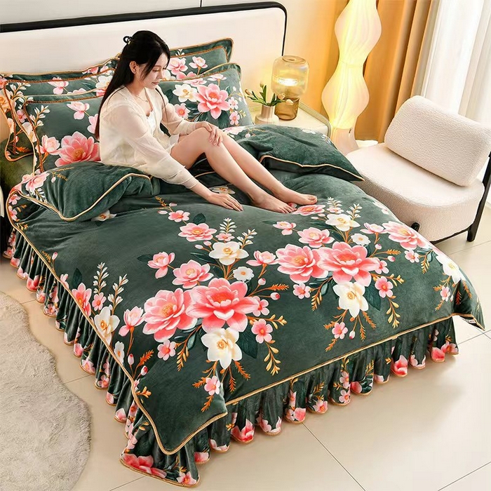 91家纺网 家纺一手货源 找家纺 新8.5-9.5斤法莱绒四件套珊瑚牛奶金貂绒四件套床裙 香风雅韵