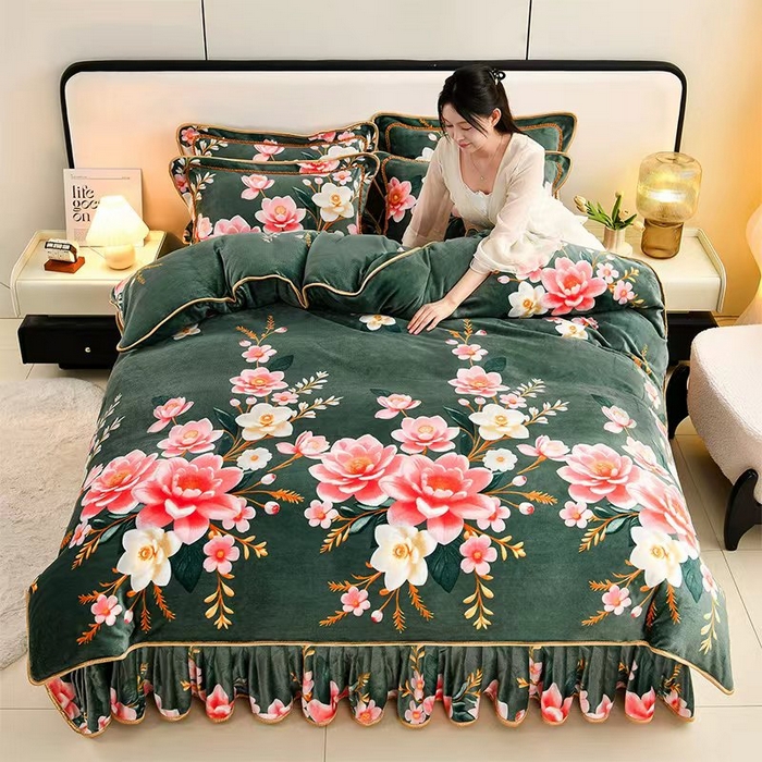 新8.5-9.5斤法莱绒四件套珊瑚牛奶金貂绒四件套床裙 香风雅韵