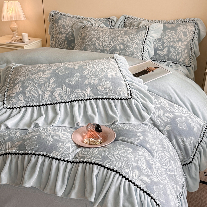 91家纺网 家纺一手货源 找家纺 （总）民新家纺 2025新款牛奶绒烂花花边款四件套