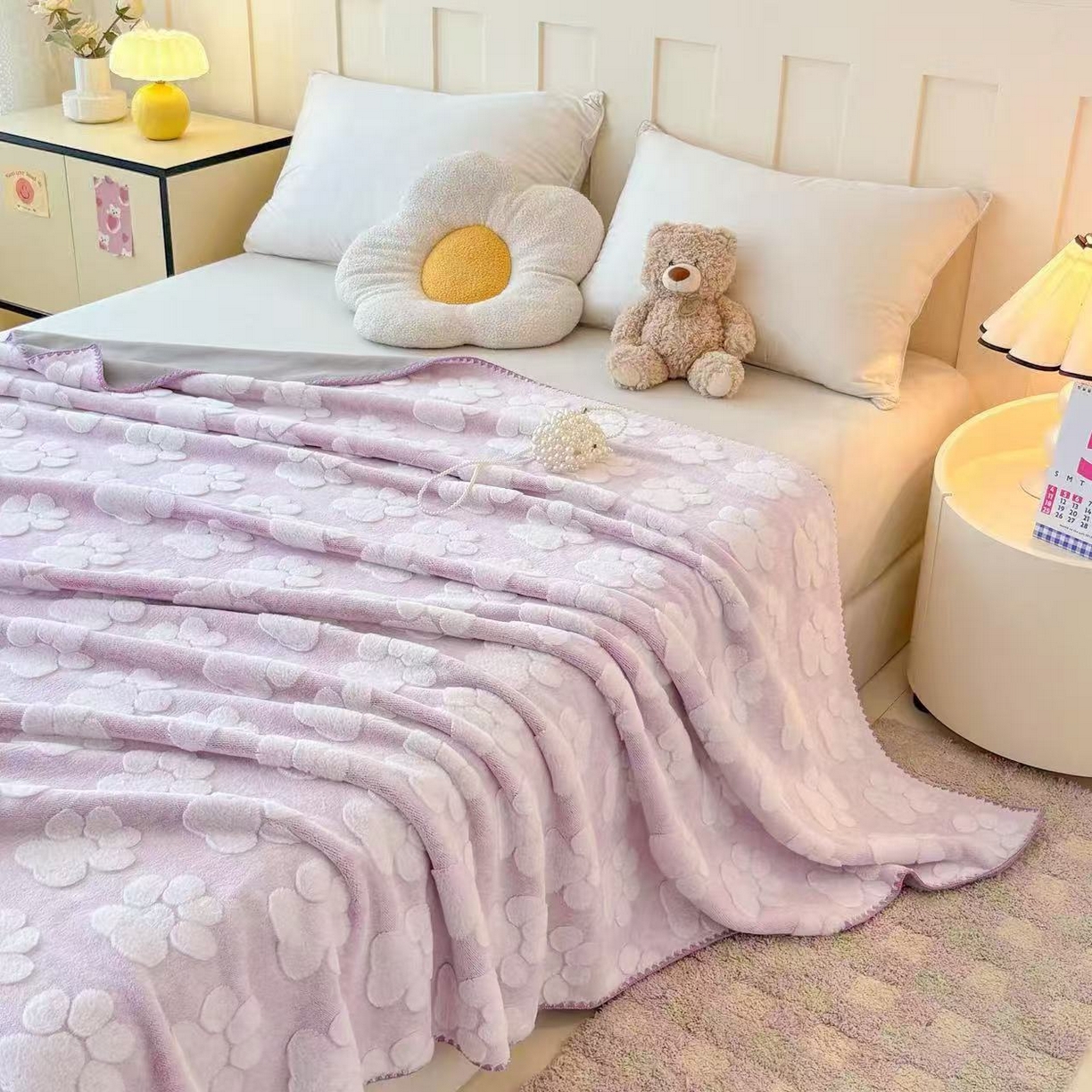 91家纺网 家纺一手货源 找家纺 莱凯家纺 2025新款兔毛提花保暖多功能毛毯 提花兔毛毯-紫