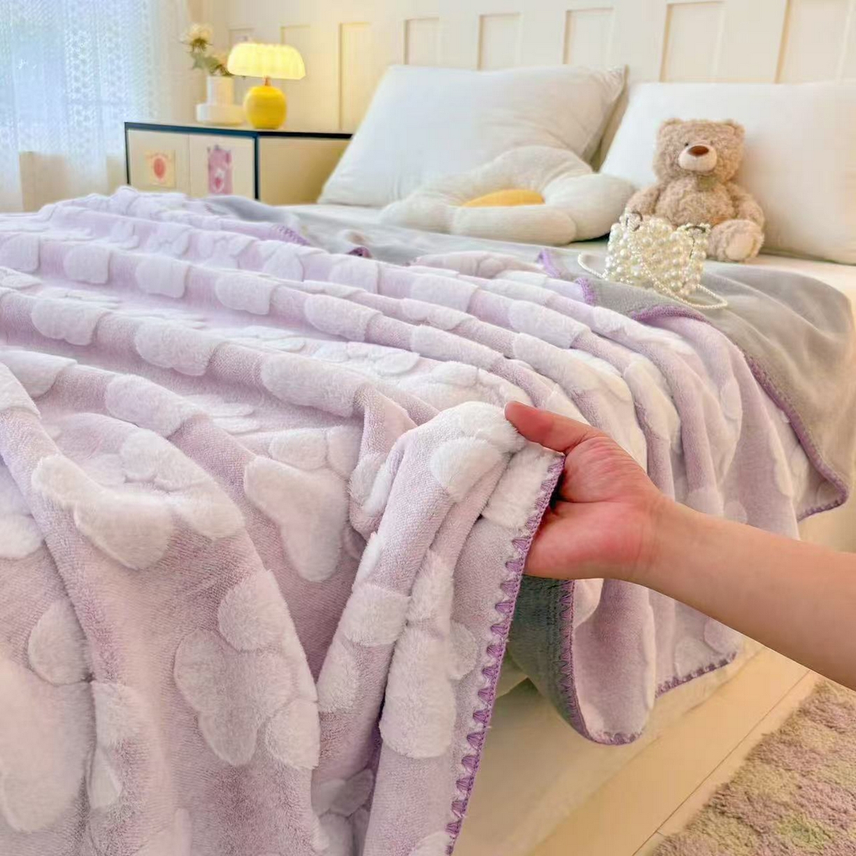 91家纺网 家纺一手货源 找家纺 莱凯家纺 2025新款兔毛提花保暖多功能毛毯 提花兔毛毯-紫