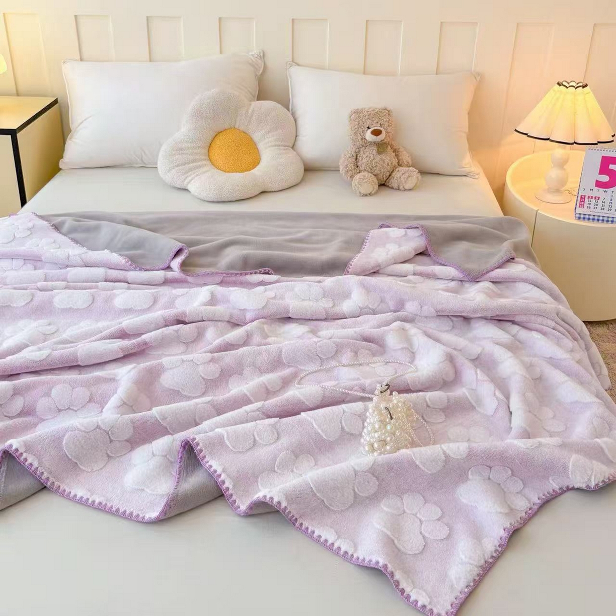 91家纺网 家纺一手货源 找家纺 莱凯家纺 2025新款兔毛提花保暖多功能毛毯 提花兔毛毯-紫