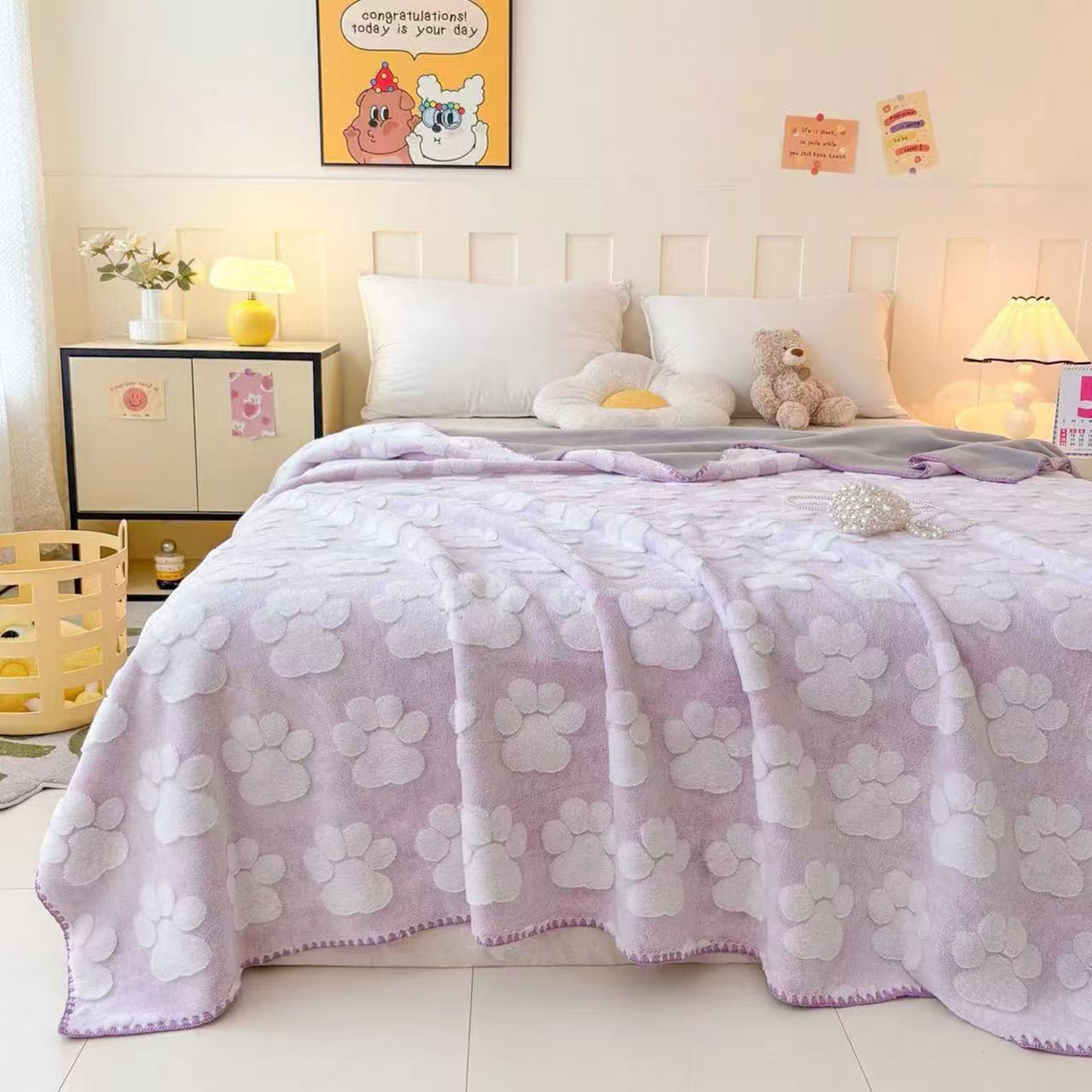 91家纺网 家纺一手货源 找家纺 莱凯家纺 2025新款兔毛提花保暖多功能毛毯 提花兔毛毯-紫