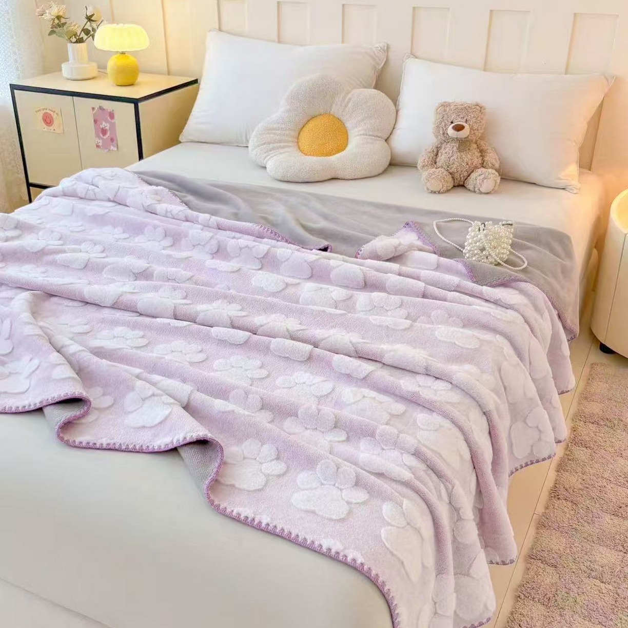 91家纺网 家纺一手货源 找家纺 莱凯家纺 2025新款兔毛提花保暖多功能毛毯 提花兔毛毯-紫