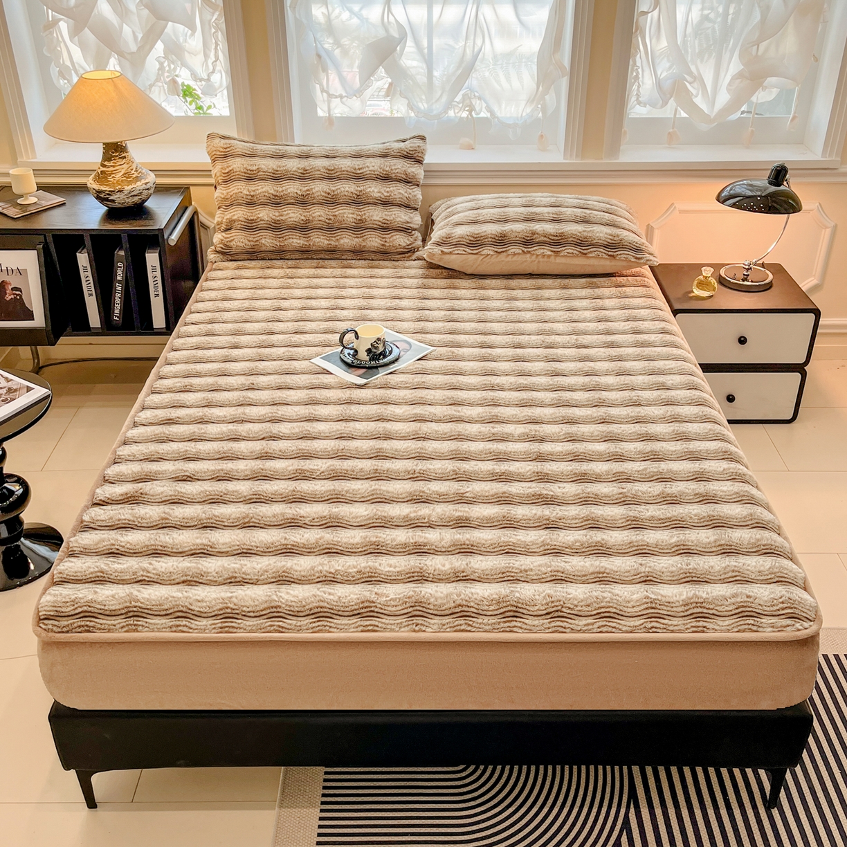 91家纺网 家纺一手货源 找家纺 （总）欧邦 2025新款轻奢波纹皮草兔毛绒床笠单床笠床笠单件